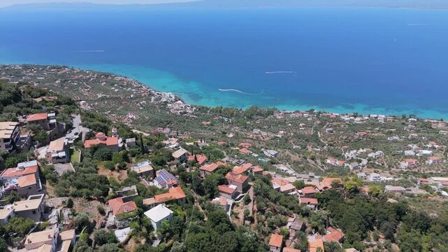 Aerial View of Speedboats Crossing Turquoise Messenian Gulf Off Verga, Greece