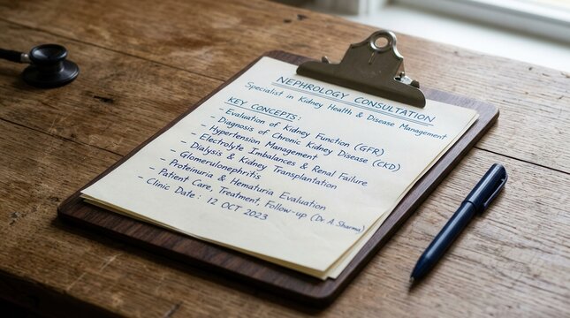 Nephrology Consultation Notes On Wooden Desk With Stethoscope And Pen