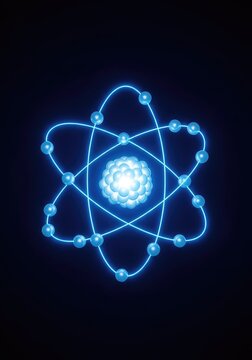 A glowing atomic model shows blue electrons orbiting a bright nucleus on a dark background, representing scientific energy and structure, molecule, universe, paths