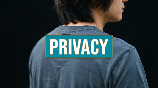Person wearing a grey t-shirt with a rectangular containing the white text privacy, isolated against a solid black background