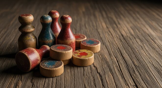 A group of eight vintage wooden game pieces sits on a weathered surface, showing signs of heavy wear and antique charm from decades of play, antique, weathered, old