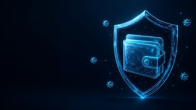 Futuristic glowing digital wireframe shield protecting a secure financial wallet. digital wallet security with security protection technology wireframe. digital wallet security