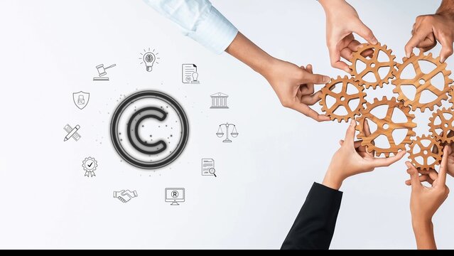 This image showcases diverse hands collaboratively working with wooden gears, symbolizing teamwork and innovation in a modern business context focused on creativity and growth. Raster