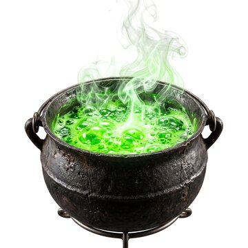 Old cast iron cauldron filled with bubbling green magic potion and rising smoke on white background