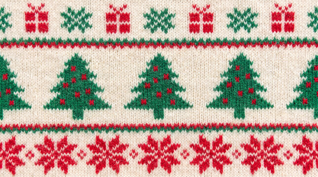 Cozy knitted Christmas pattern with trees and snowflakes on a festive winter sweater texture