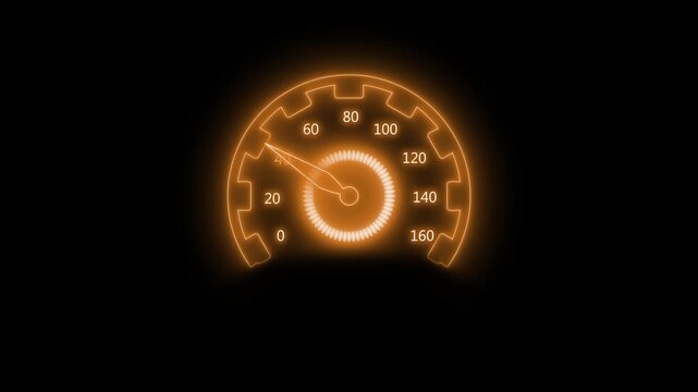 Glowing speedometer icon on a black background, showing low speed with a soft neon effect animation
