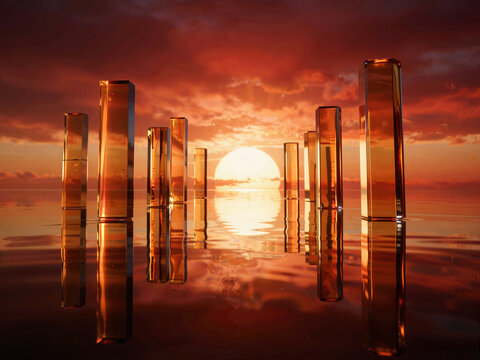 Reflection of golden prisms in water at sunset
