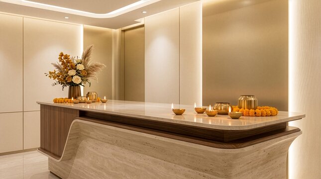 Festive Indian Corporate Reception Desk With Diya Decoration