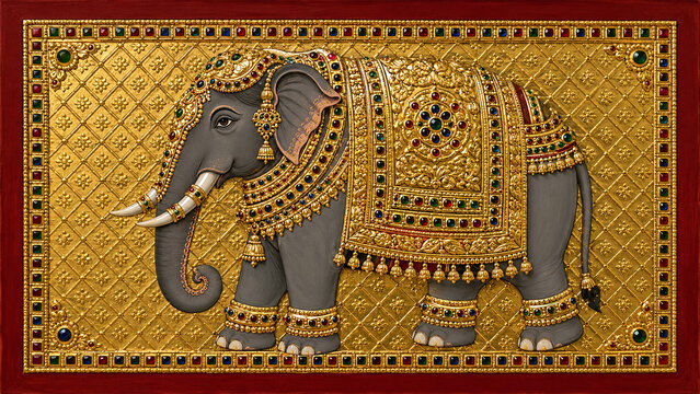 Tanjore Thanjavur painting style South India royal elephant panel gold foil relief caparison coloured glass stone inlay no figures museum quality