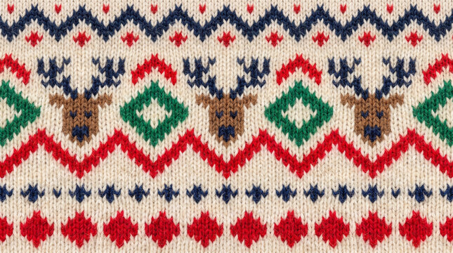 Cozy knitted fair isle pattern with reindeer and diamond motifs in festive red green and blue colors