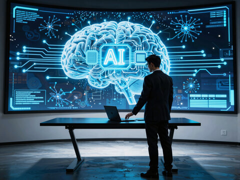 Businessman operating laptop in front of AI brain holographic screen
