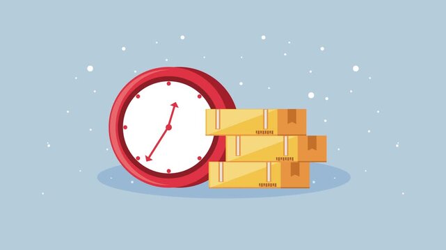 Delivery time animation with clock and stack of cardboard boxes, fast and efficient shipping service footage.
