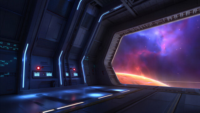 View through large observation window of futuristic spaceship into deep space nebula with spaceship