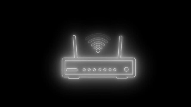 Glowing wifi router icon on black background, simple neon style network symbol with wireless signal and antennas animation