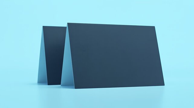 Two dark blue folded table tent cards isolated on clean light blue background.