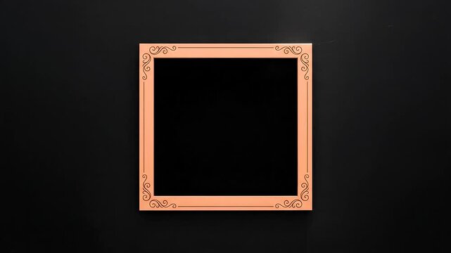 Ornate rose gold square frame centered on black background