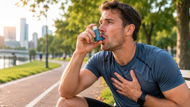 Athletic man using an asthma inhaler outdoors after exercise while experiencing breathing difficulty and respiratory symptoms.