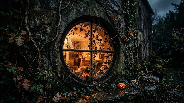 Old Basement Round Window with Warm Interior Light