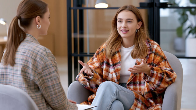 Young woman gesturing while talking with another woman during friendly conversation in a modern office, discussing ideas and sharing opinions