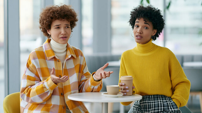 Two young women sitting at cafe table with coffee, talking and gesturing during casual conversation in a bright modern interior