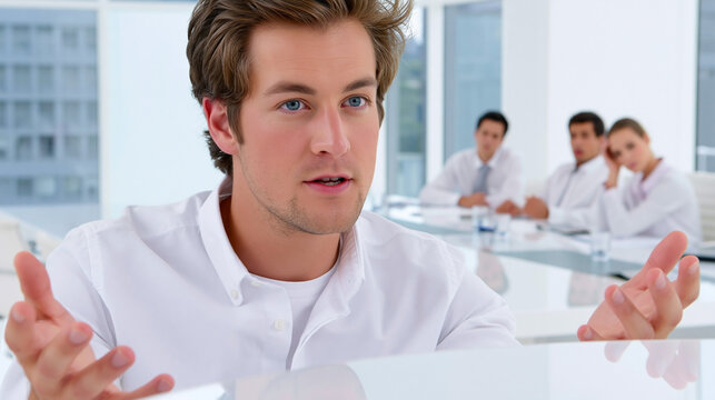 Young businessman speaking and gesturing during a meeting with colleagues in a bright modern office, presenting ideas and communicating with team