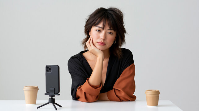 Young woman sitting at table with smartphone on tripod and coffee cups, looking bored while recording video or creating social media content