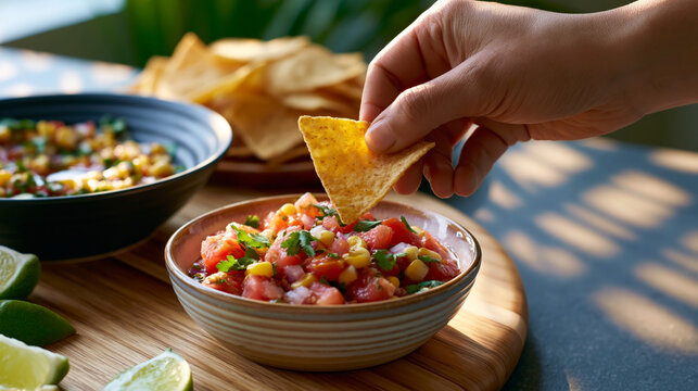 Hand dipping crispy tortilla chip into fresh tomato corn salsa with cilantro, onion and lime served in a bowl on wooden board