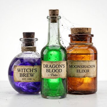 Three glass bottles with colored potions, witch's brew, dragon's and moonshadow elixir labels