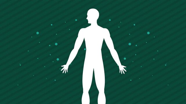 White human body silhouette moving against abstract green background with floating particles.