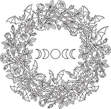 Dark academia vampire bat with thorny rose wreath linear vector art