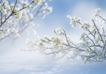 Obraz premium A serene winter landscape featuring delicate white flowers blooming amidst icy branches and a soft mist, creating a magical ethereal scene, beauty, glowing, bokeh
