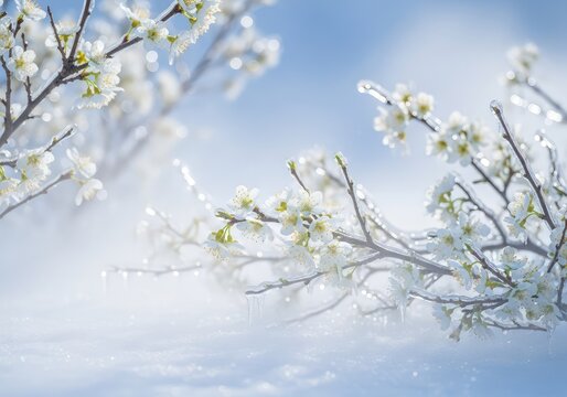 A serene winter landscape featuring delicate white flowers blooming amidst icy branches and a soft mist, creating a magical ethereal scene, beauty, glowing, bokeh