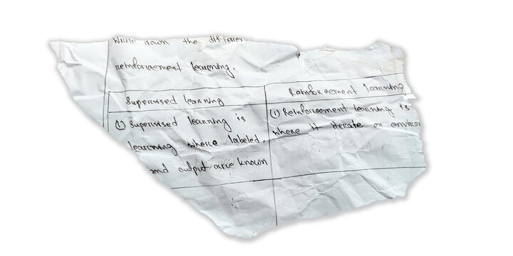 A crumpled piece of white paper with handwritten notes on machine learning isolated on a transparent background