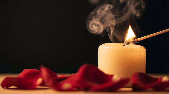 Burning candle being lit with match beside scattered red rose petals against dark background creating romantic intimate atmosphere for relaxation celebration affection warmth passion