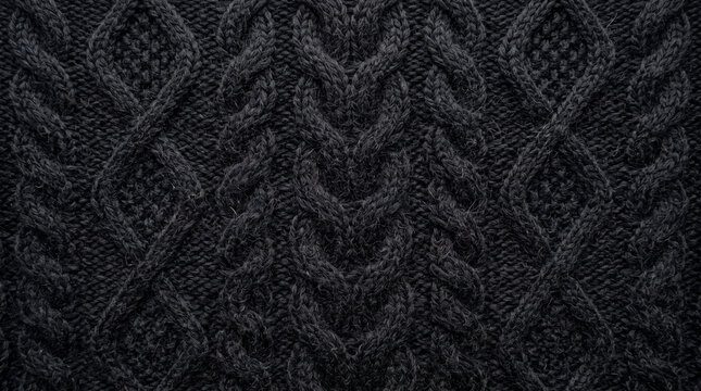 Dark grey knitted wool sweater texture with intricate cable knit pattern and soft studio lighting