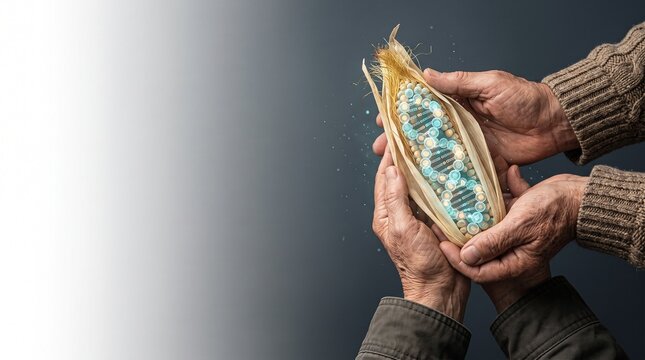 Weathered elderly hands holding bioengineered corn cob with glowing bioluminescent DNA helix kernels on dark slate background, agritech biotechnology concept banner template with copy space