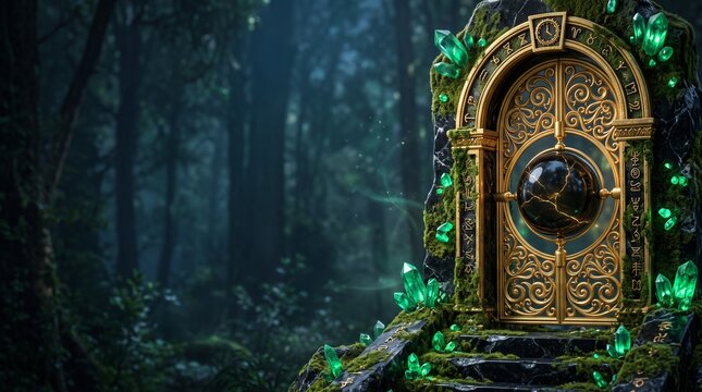 Ancient golden magical portal adorned with glowing emerald crystals and moss in enchanted forest, St Patrick Day fantasy concept banner template with copy space on dark background
