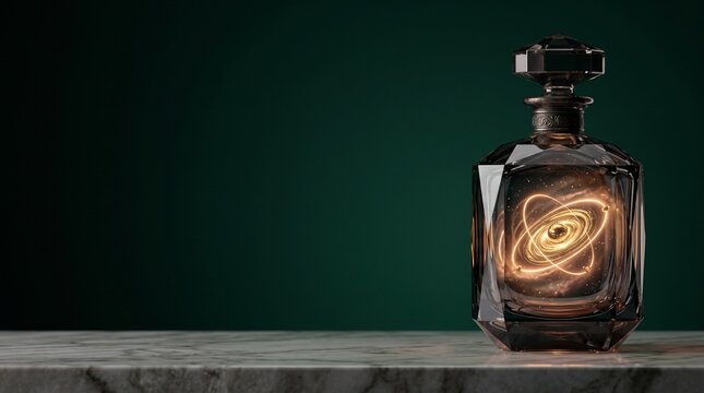 Vintage dark crystal perfume bottle containing glowing golden micro galaxy with neon orbits on marble shelf, dark emerald studio background concept banner template with vast copy space on left