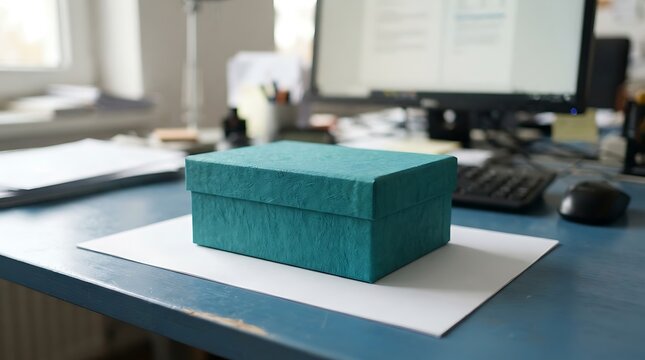 Rectangular teal cardboard box with a textured surface, sitting on a white sheet of paper on a blue office desk with computer equipment