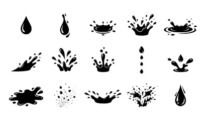 Obraz premium Falling Water Droplets and Impact Splash Silhouette Vector Collection