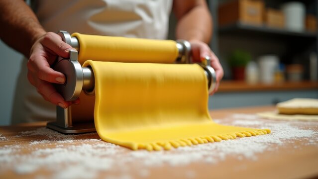 close-up of hands making pasta in italian kitchen