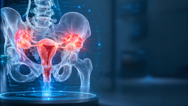 Pelvic inflammatory disease treatment planning with uterus and fallopian tubes in futuristic diagnostic visualization, photorealistic medical image for healthcare, radiology and patient education