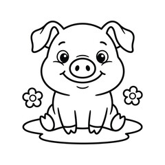 Fototapeta premium Cute baby pig sitting in mud with flowers for kids coloring page vector.
