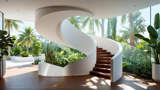 Elegant spiral staircase with wood steps in a luxury house interior with indoor tropical plants