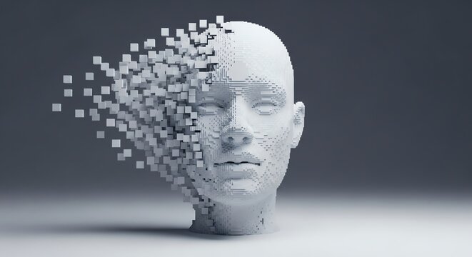A stylized 3D digital human head model made of white pixel blocks fragmenting into space with soft studio lighting and minimalist dark background