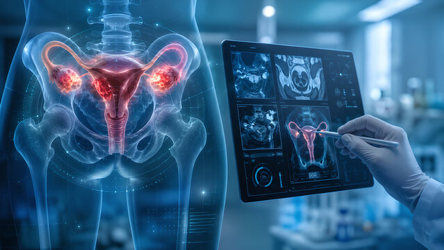 Pelvic inflammatory disease treatment planning with uterus and fallopian tubes in futuristic diagnostic visualization, photorealistic medical image for healthcare, radiology and patient education