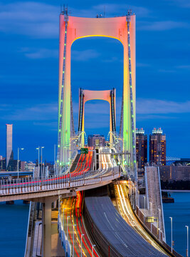 Tokyo, Japan with the towers of Rainbow Bridge at blue hour 210