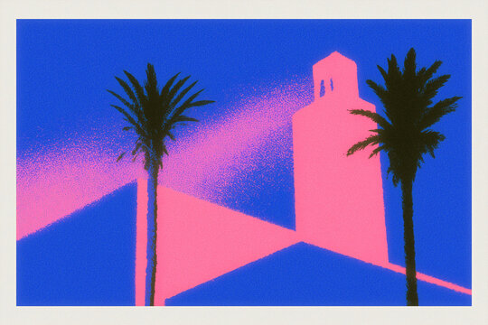 contemporary illustrated travel-poster art with a mid-century modern influence