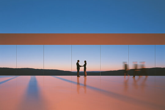 Professional corporate architecture photography, panoramic interior view of a modern glass office building overlooking mountains