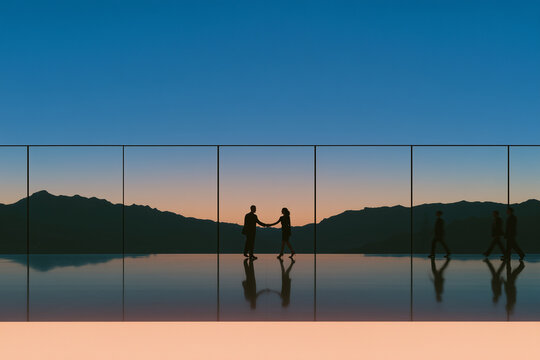Professional corporate architecture photography, panoramic interior view of a modern glass office building overlooking mountains